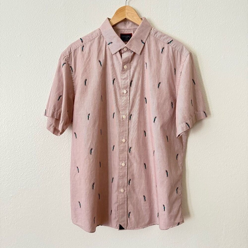 Untuckit Mens Size Large Blush Pink Embroidered Parrots Casual Button Down Shirt